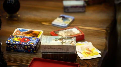 Tarot cards on the table, esoteric concept, fortune telling and predictions Stock Photos