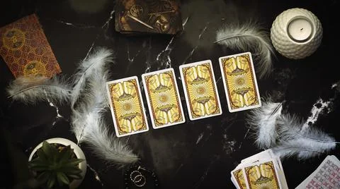 Tarot cards on the table, esoteric concept, fortune telling and predictions Stock Photos