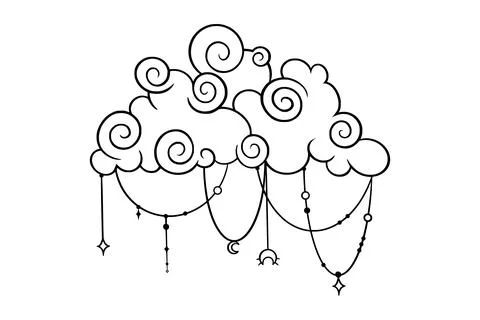 Tarot cloud sketch. Curly cloud with lunar and star pendants. Vector Stock Illustration