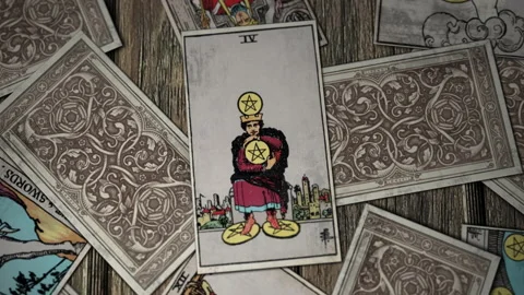 In Tarot Divination Four of Pentacles Means Following the Dreams. Occult. Stock Footage 132827172