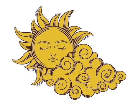 Tarot esoteric sun behind cloud. Tarot sun with face and closed eyes. Vector Stock-Illustration