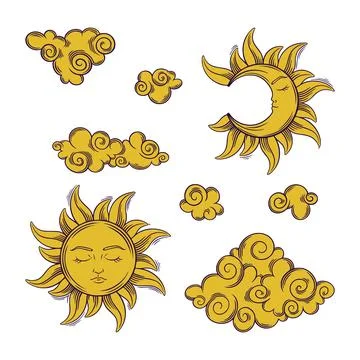 Tarot esoteric sun, crescent moon and clouds. Tarot set with golden celestial Illustrazione stock