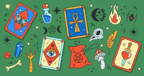 Tarot magic card stack. Sacred symbol. Mystical crescent. Spiritual hand drawn Stock Illustration