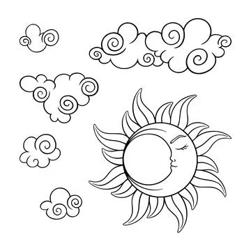 Tarot moon and clouds esoteric set. Wicca tarot elements with crescent moon 스톡 일러스트