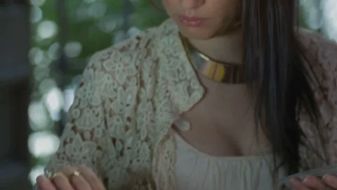 Tarot reader dealing cards &amp; reading future and fortune Stock Footage 76714276