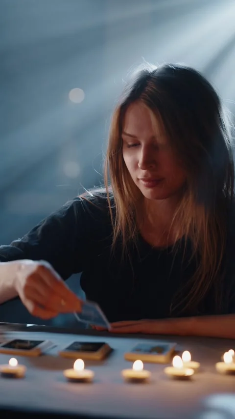 Tarot reader examining card spread by candlelight 스톡 동영상 316824016