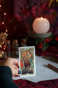 Tarot reader or Fortune teller reading on Christmas decoration. Foto stock