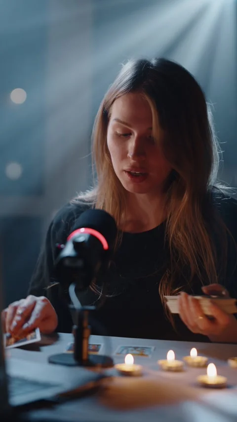 Tarot reader streaming fortune telling with microphone Vídeos de archivo 316825542