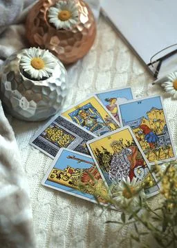 Tarot reading, cards layout on table. Esoteric concept and astrology. Stock Photos