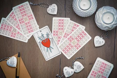 Tarot reading, cards layout on table. Valentine concept, love Stock Photos