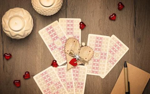Tarot reading, cards layout on table. Valentine concept, love Stock Photos
