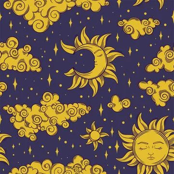Tarot seamless pattern with sun and crescent moon. Tarot aesthetic tile with Stock Illustration