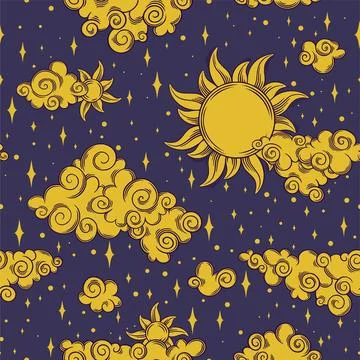Tarot seamless pattern with sun, clouds and stars. Tarot aesthetic tile with Stock Illustration