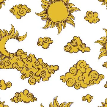 Tarot seamless pattern with sun, clouds and stars. Tarot aesthetic tile with Stock Illustration