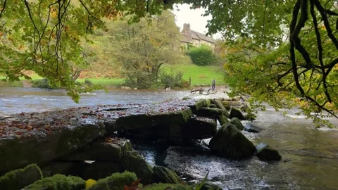 Tarr Steps clapper bridge crossing the River Barle, Exmoor, Somerset, England. Stock Footage 288839581