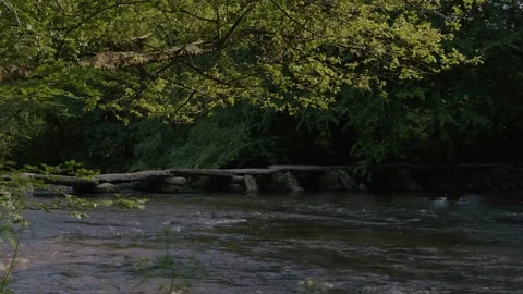 Tarr Steps with a wide composition that showcases the historic clapper bridge Stock-Footage 343897362
