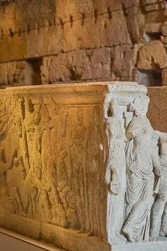 Tarragona, Spain - April 15, 2024: Ancient Roman relief of Tarragona Stock Photos
