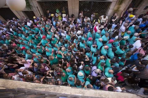 Tarragona, Spain, September 19, 2019 - Castells team preparing build human tower Stock Photos
