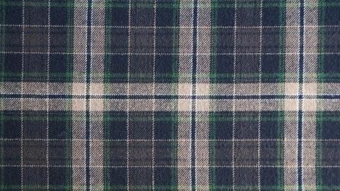 Tartan plaid textile pattern close up with green black and beige woven fabr.. Foto stock