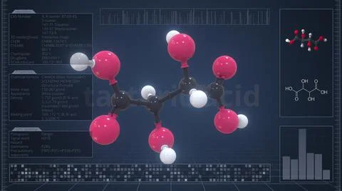Tartaric acid molecule with description on the computer screen, 3d rendering Illustrazione stock