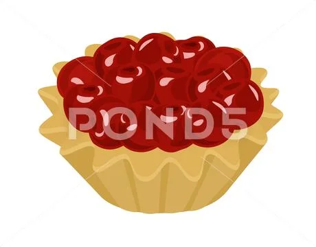 Tartlet with fresh cherries and cream. Raster illustration on white backgroun Stock Illustration