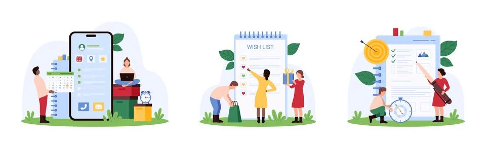 Task and goals planner, wish list set, tiny people making resolution in journal イラスト素材