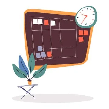 Task Board with Paper Stickers, Clock and Plant Illustrazione stock
