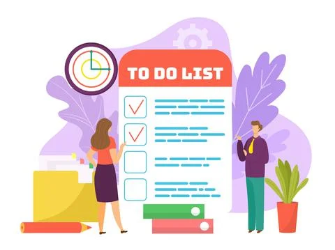 Task at business checklist concept, vector illustration. Flat man woman Illustrazione stock