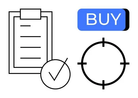 Task checklist with a checkmark, a target symbol, and a blue Buy button. Idea Stock Illustration