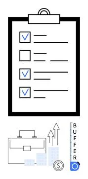 Task checklist on clipboard with checkmarks, business briefcase, growth chart 스톡 일러스트
