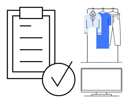 Task checklist with a completed checkmark, a wardrobe with hanging clothes, a Stock Illustration