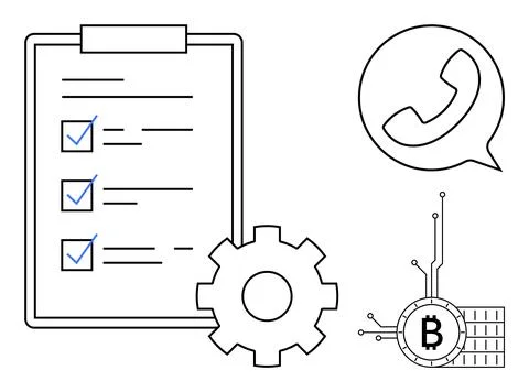 Task Checklist with Gear, Call Icon, and Bitcoin Symbol on White Background Stock Illustration