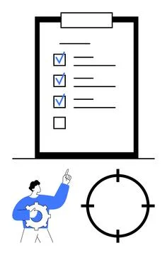 Task checklist with human figure pointing at clipboard and target symbol 库存插图