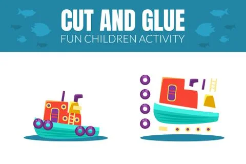 Task for the children. Cut and glue the steamer. Vector illustration. 스톡 일러스트