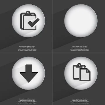 Task completed, Arrow directed down, Tasklist icon sign. Set of buttons with a f Stock Illustration