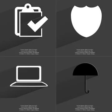 Task completed, Badge, Laptop, Umbrella icon sign. Set of Symbols with Flat d 스톡 일러스트