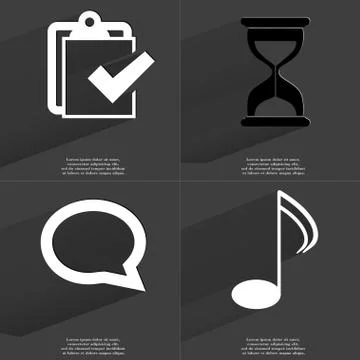 Task completed, Hourglass, Chat bubble, Note icon sign. Set of Symbols with F Stock Illustration
