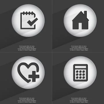 Task completed, House, Heart with plus, Calculator icon sign. Set of buttons wit Stock Illustration