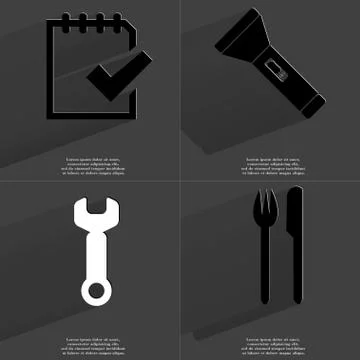 Task completed icon, Flashlight, Wrench, Fork and knife. Symbols with long shado Stock Illustration