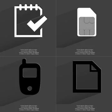 Task completed icon, SIM card, Mobile phone, File icon. Symbols with long shadow Stock Illustration