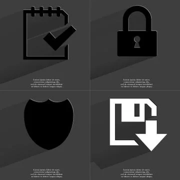 Task completed, Lock, Badge, Floppy disk download icon sign. Set of Symbols w Illustrazione stock
