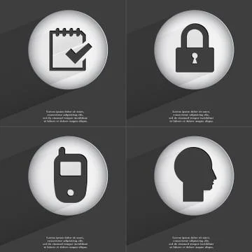 Task completed, Lock, Mobile phone, Silhouette icon sign. Set of buttons with a Stock Illustration