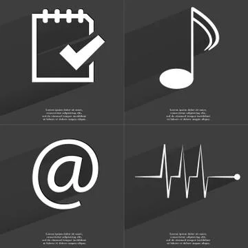 Task completed, Note, At, Pulse icon sign. Set of Symbols with Flat design an Stock Illustration