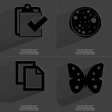 Task completed, Pizza, Copy icon, Butterfly. Symbols with long shadow. Flat desi Stock Illustration