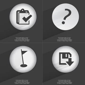 Task completed, Question mark, Golf hole, Floppy disk download icon sign. Set of Stock Illustration