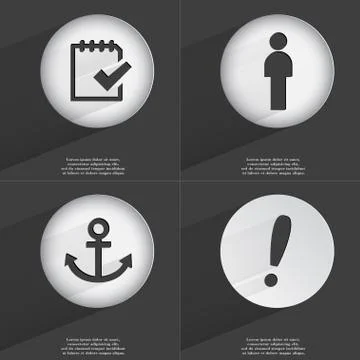 Task completed, Silhouette, Anchor, Exclamation mark icon sign. Set of buttons w Stock Illustration