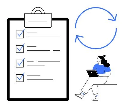 Task completion process with checklist and woman using laptop for project m.. Stock Illustration