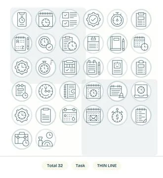 Task Comprehensive Vector Bundle with 32 Pixel Aligned Thin Line 128x128 Icon Stock Illustration