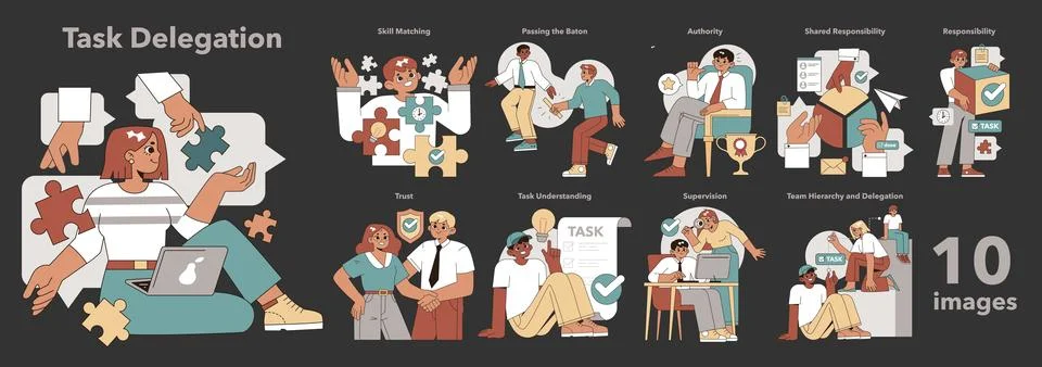 Task Delegation set. Vector illustration. Illustrazione stock