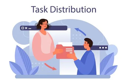 Task distribution concept. Interaction of departments, business teamwork Stock Illustration